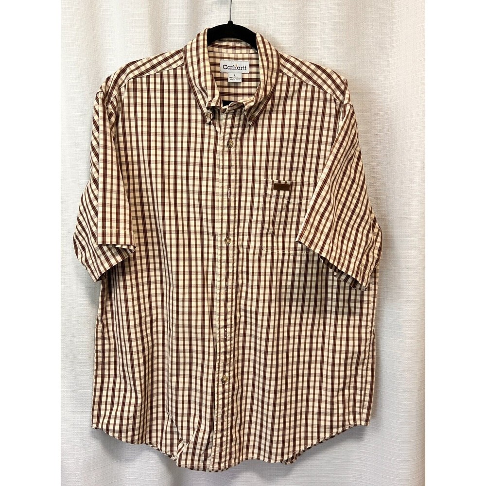 Carhartt Mens Size L Brown Plaid Shirt Cotton Button Up Western Short Sleeve
